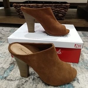 Brown suede slip-on heels